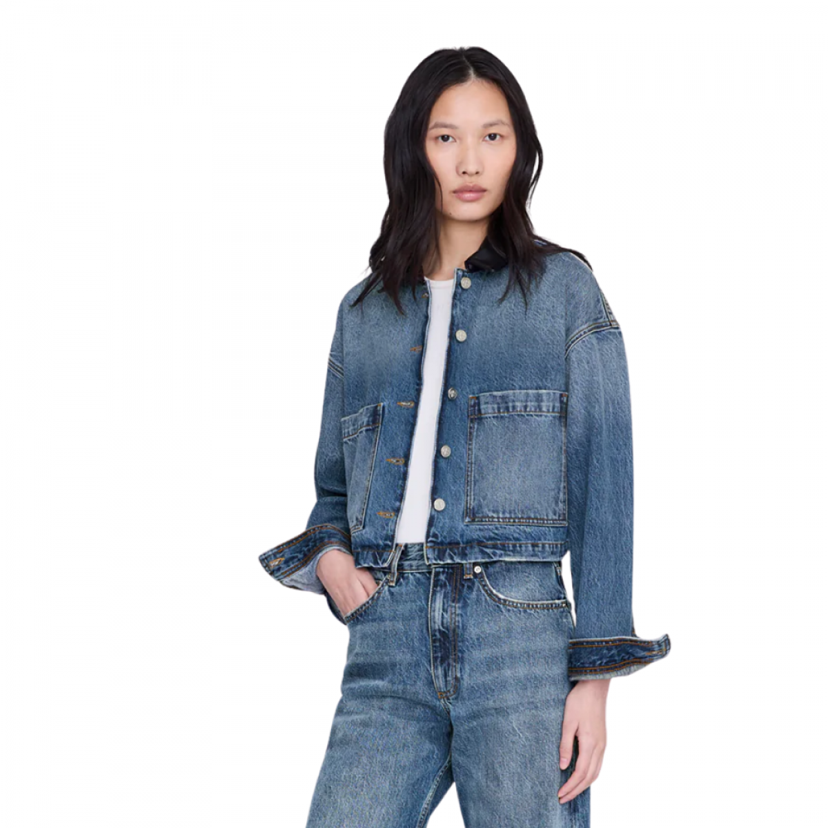 anine bing yuma jacket - cabana blue - model front