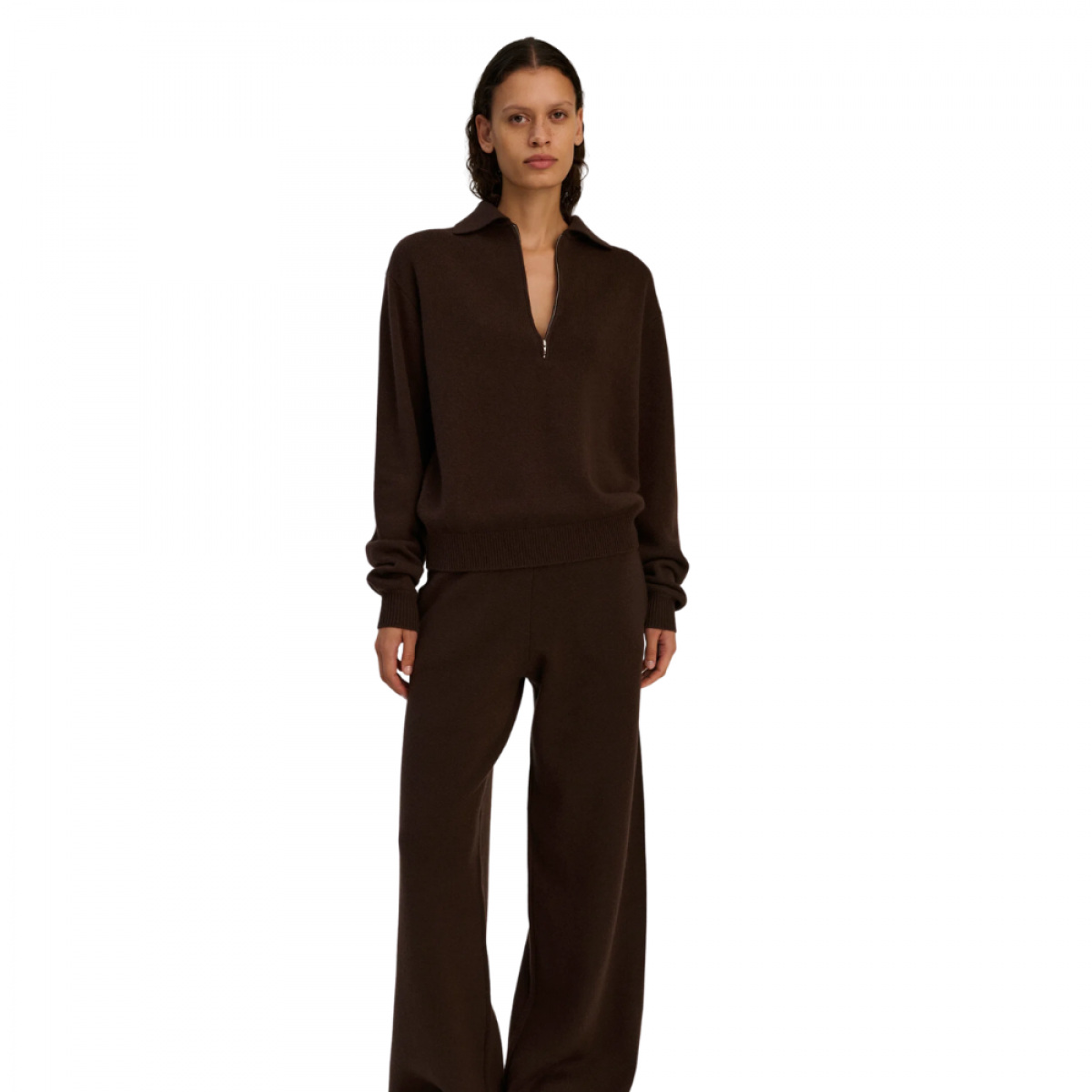 rhea zip polo knit - dark brown - look