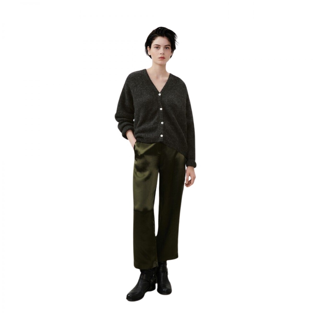 women cardigan east - charcoal melange - model front