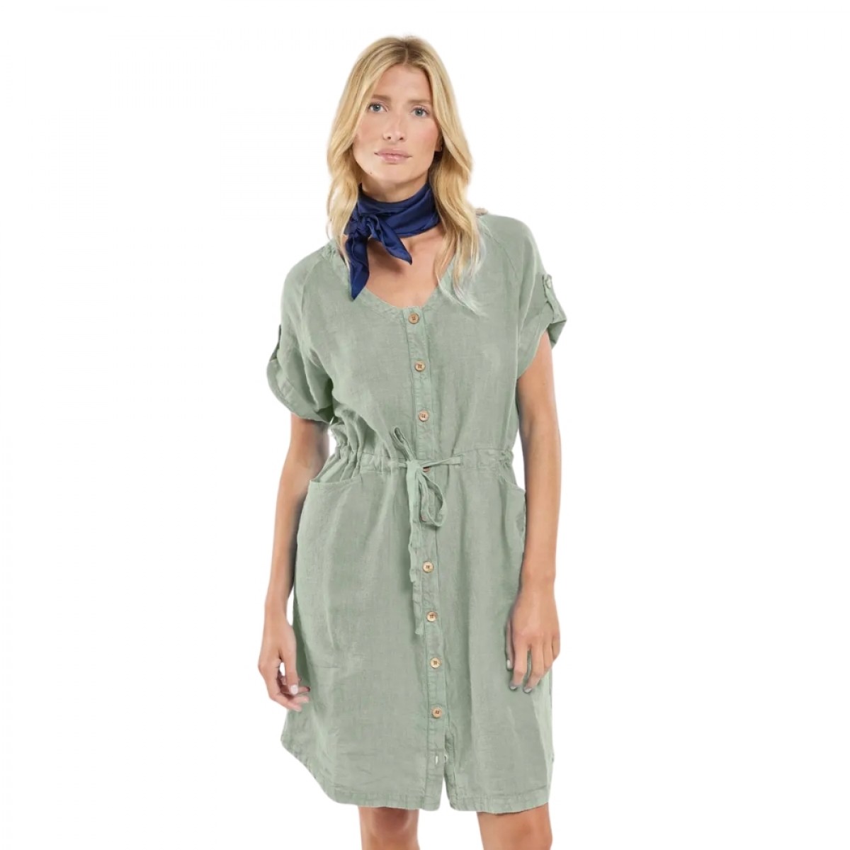 belted dress - shadow - model front