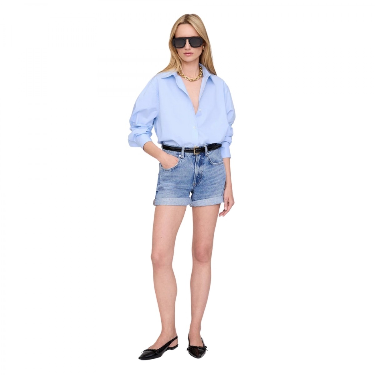 anine bing heath shorts - washed blue - model front