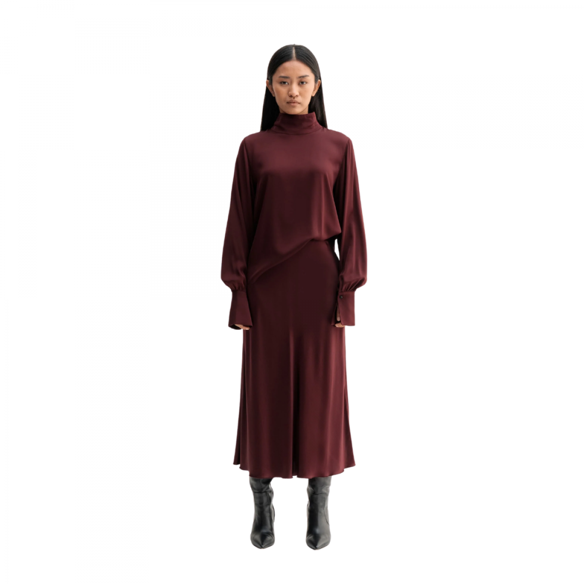 luna silk blouse - burgundy - model front