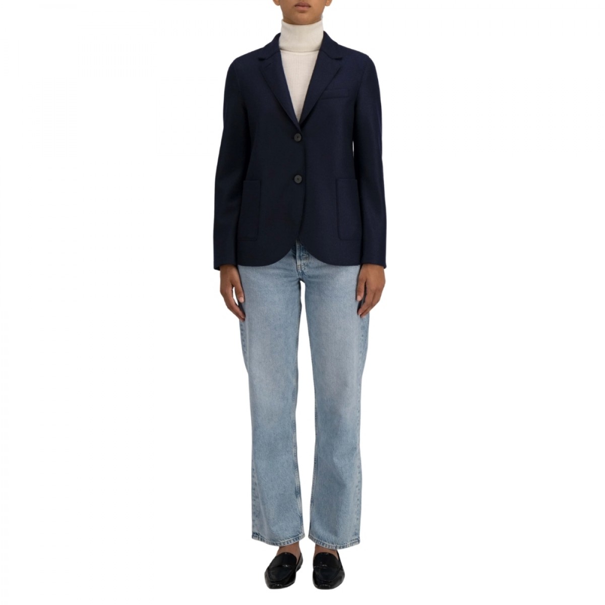 women stand up collar blazer light pressed wool - navy blue