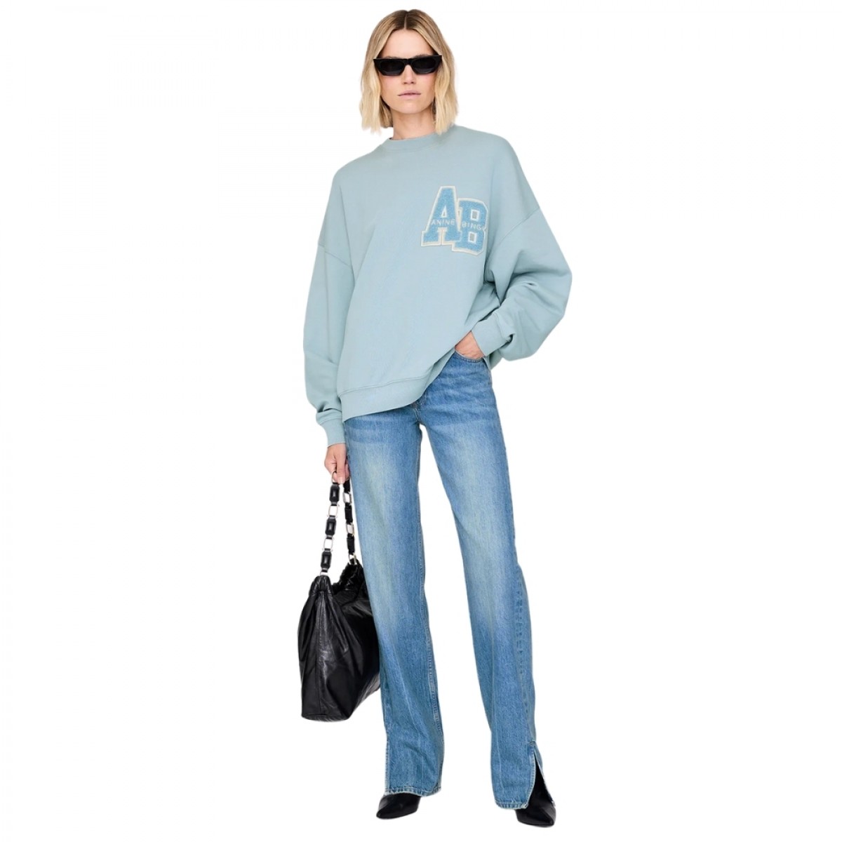 anine bing miles sweatshirt letteman - pastel blue - model front