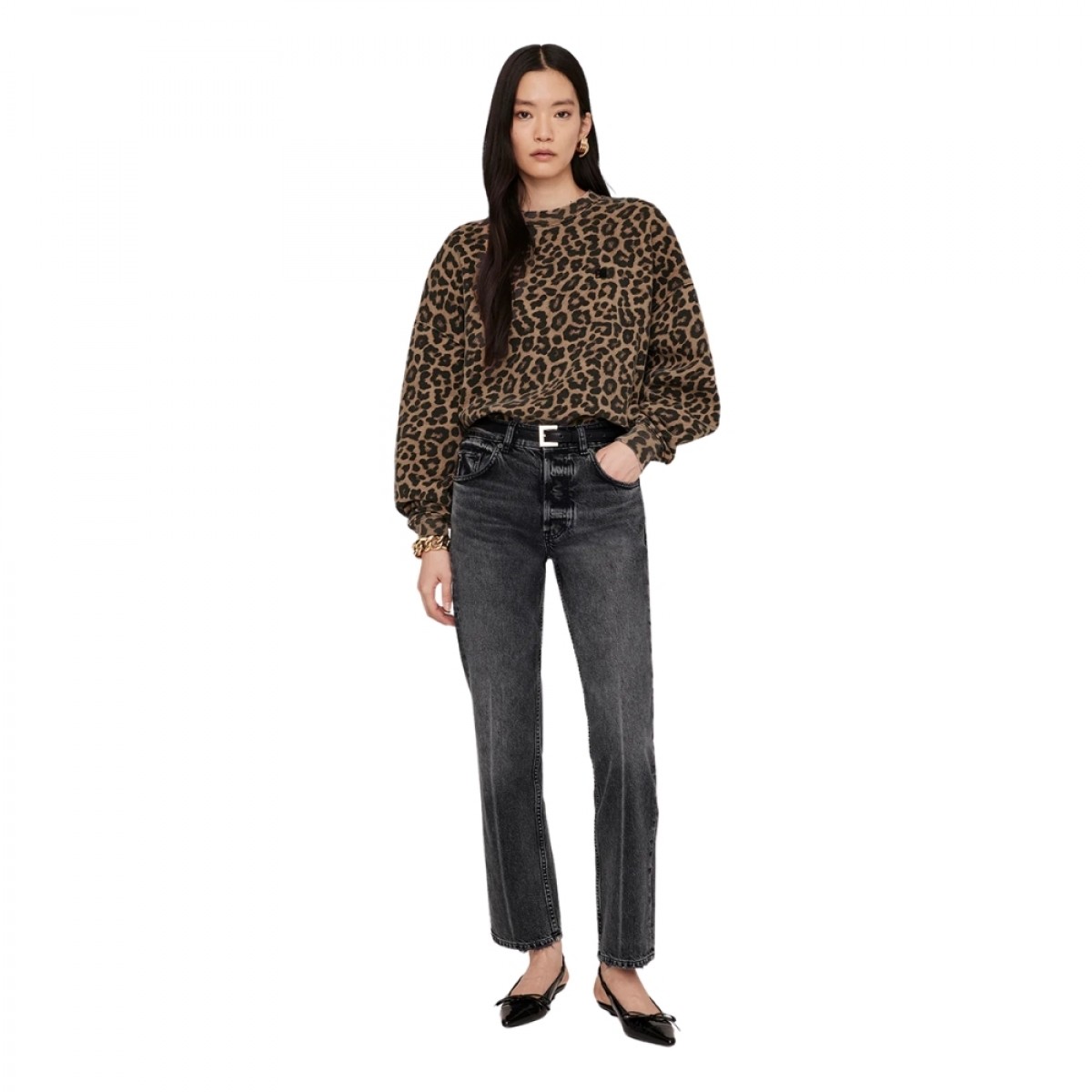 anine bing miles sweatshirt leopard - black and brown leopard - model front