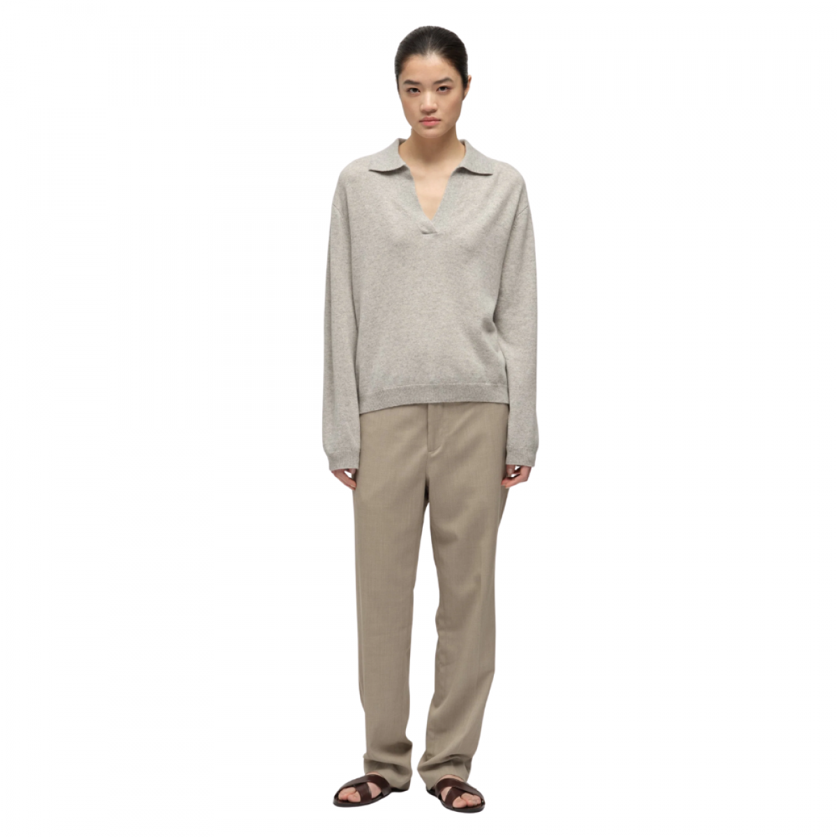 women's oversize collar v-neck - ash grey - model front