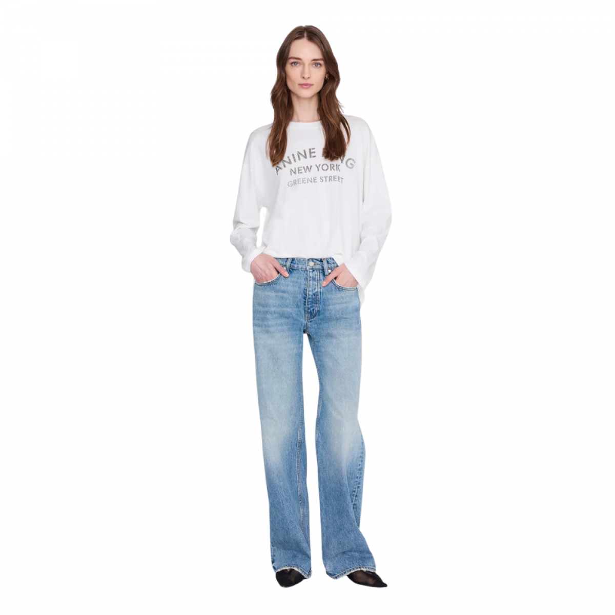 anine bing ivan long sleeve new york stencil - ivory - model front