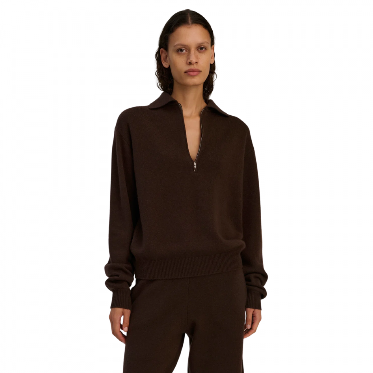 rhea zip polo knit - dark brown