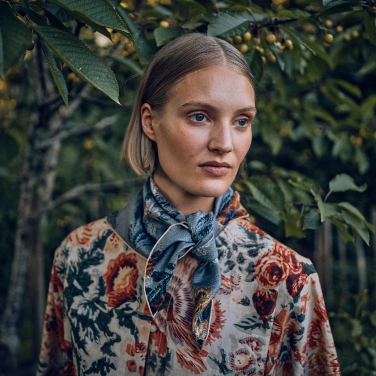 small classical blue flower scarf - blue - model front