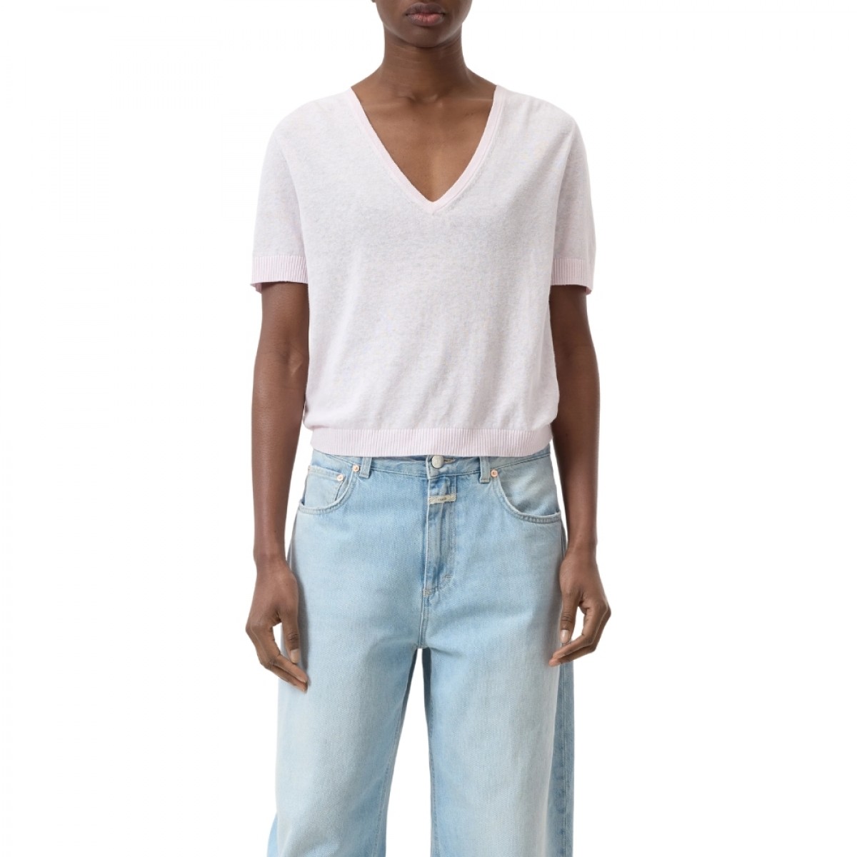 closed v-neck short sleeve knit - milkshake pink