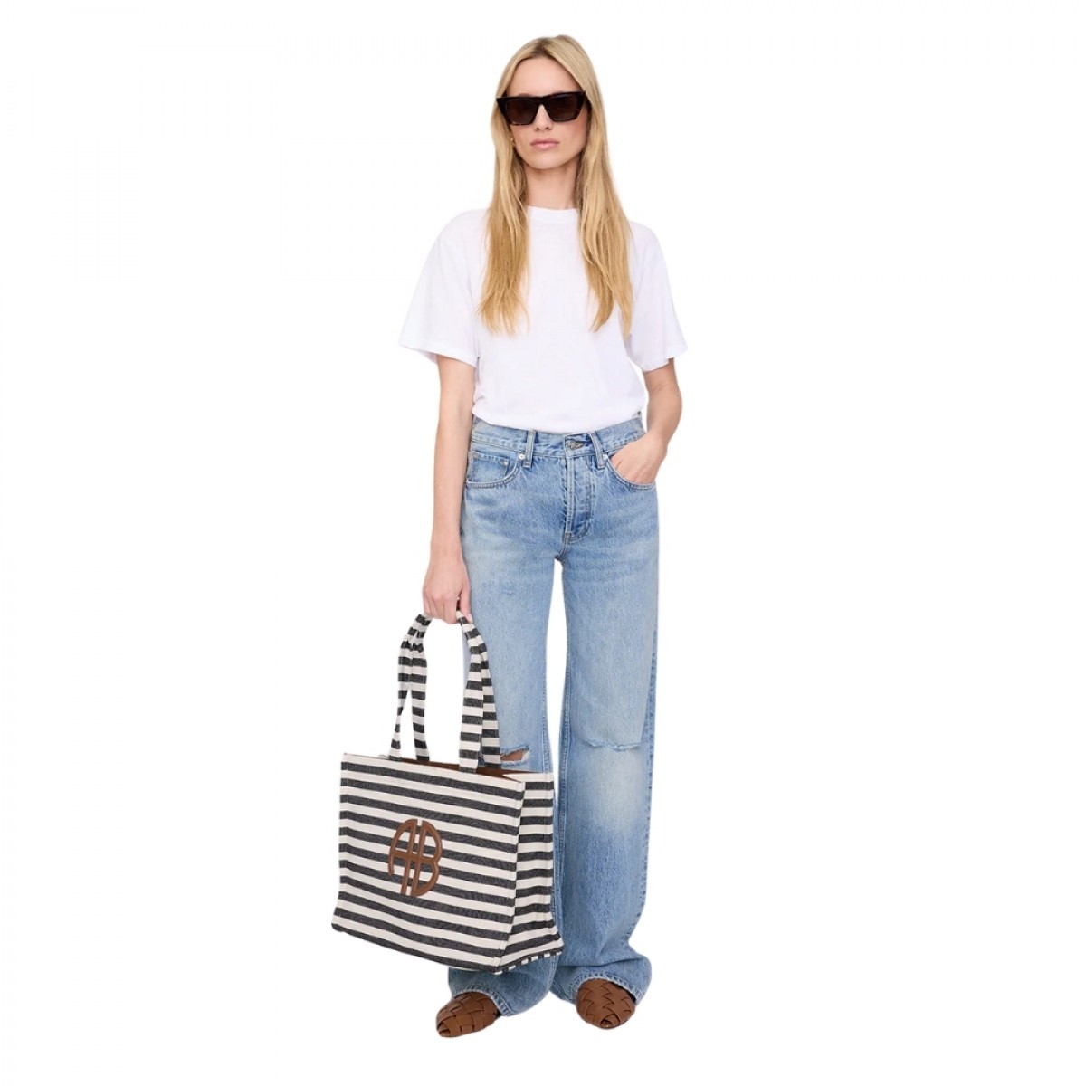 anine bing lara tote - black and natural stripe - model front