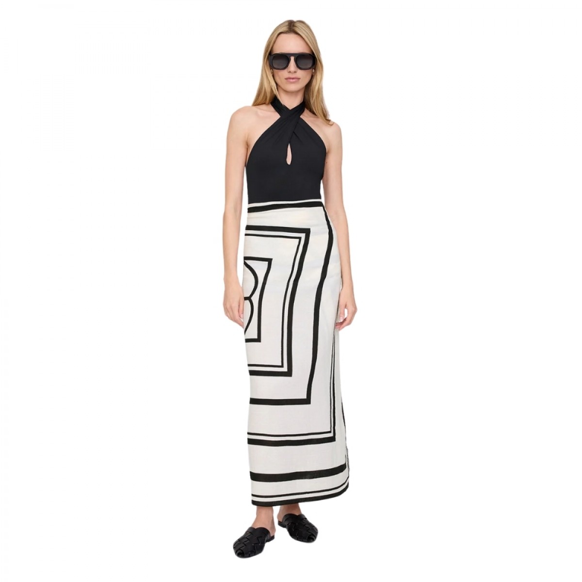 anine bing eliza sarong - ivory and black monogram - model front