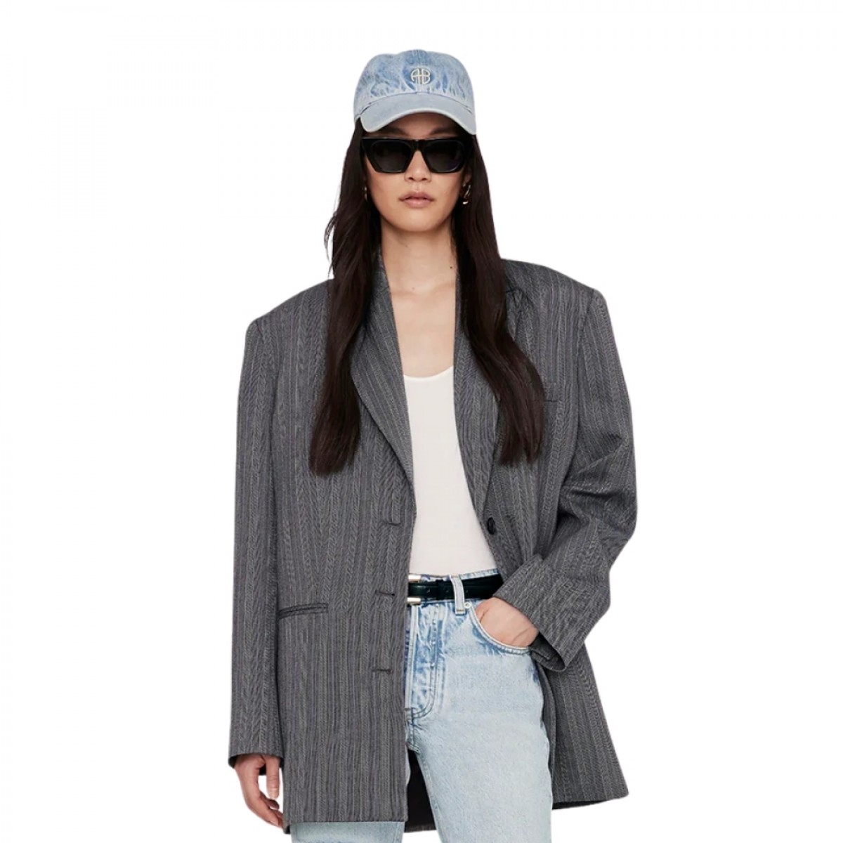 anine bing jeremy baseball cap - bleached blue denim - model front