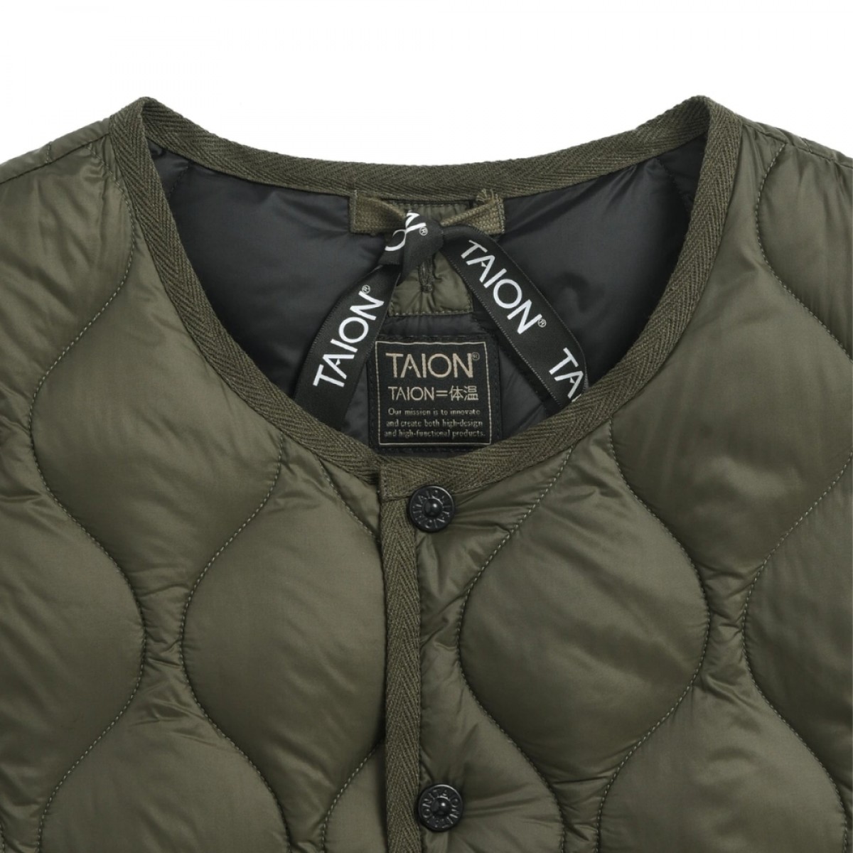 taion unisex military crew neck down vest - d. olive - hals 