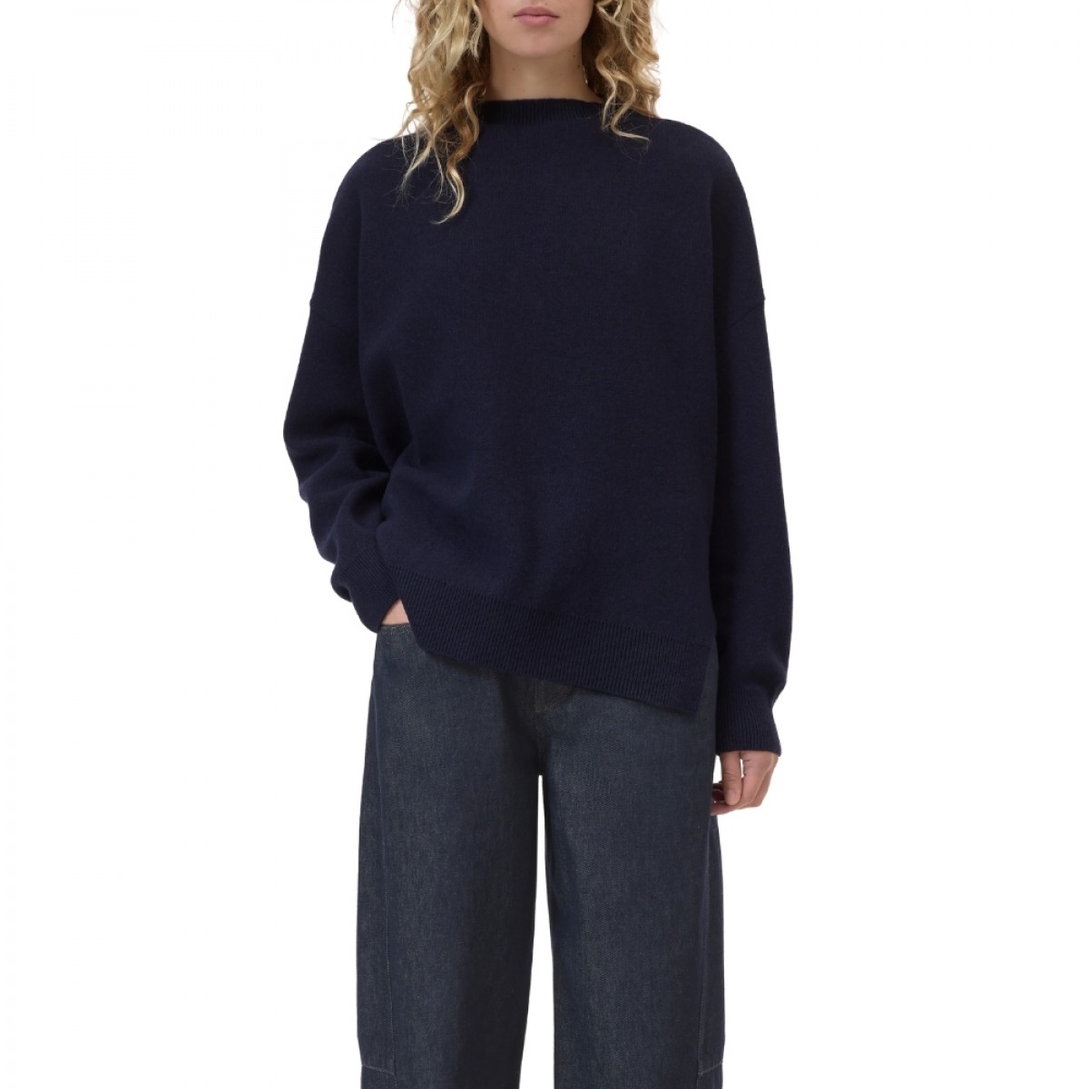 closed high neck long sleeve knit - dark night - model front