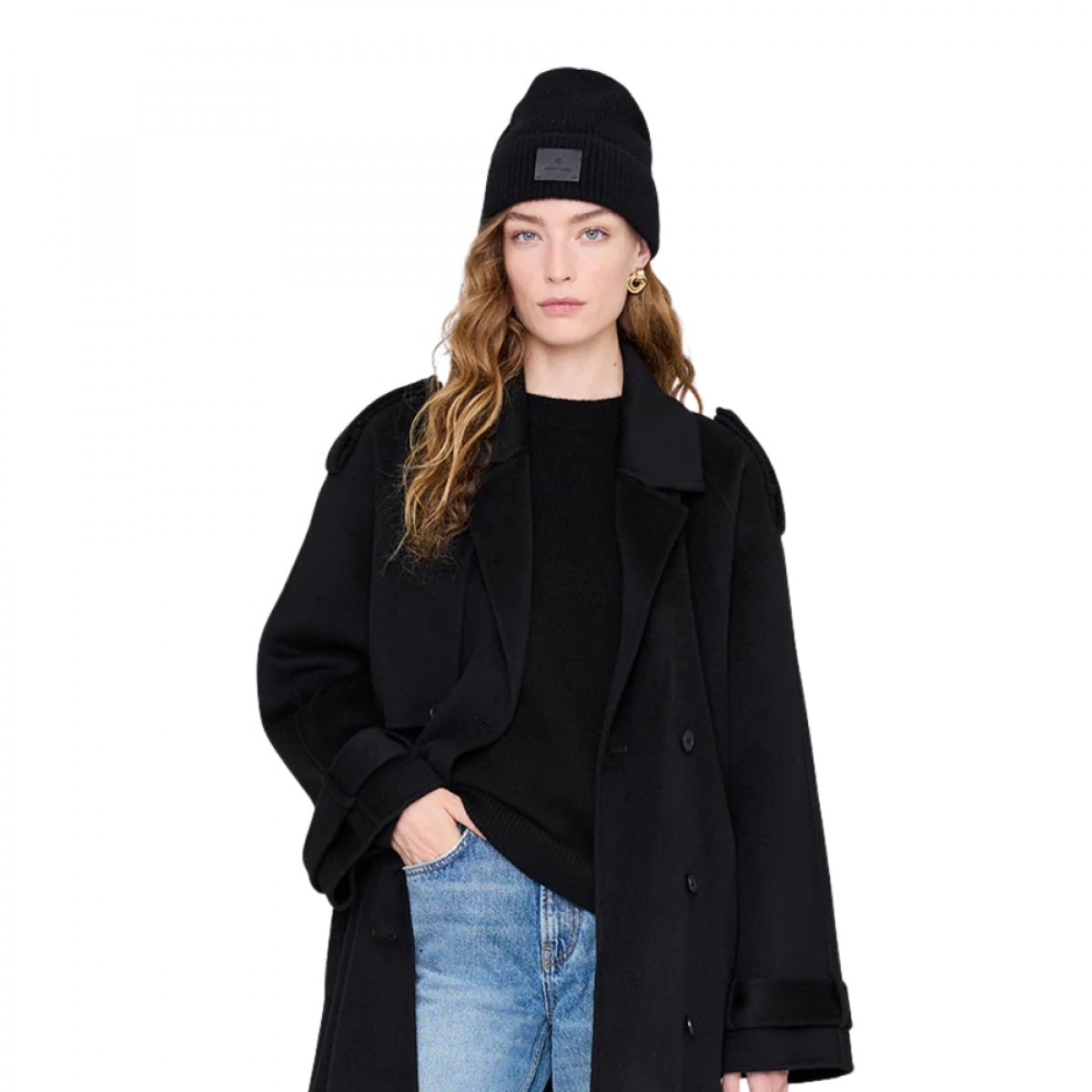 anine bing carley beanie cashmere - black - model front