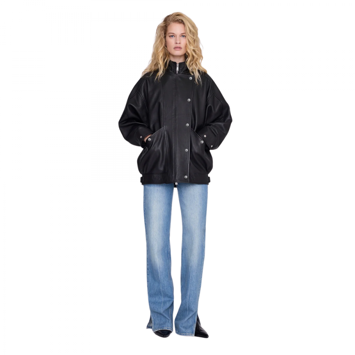 anine bing sandy jacket leather - black - look