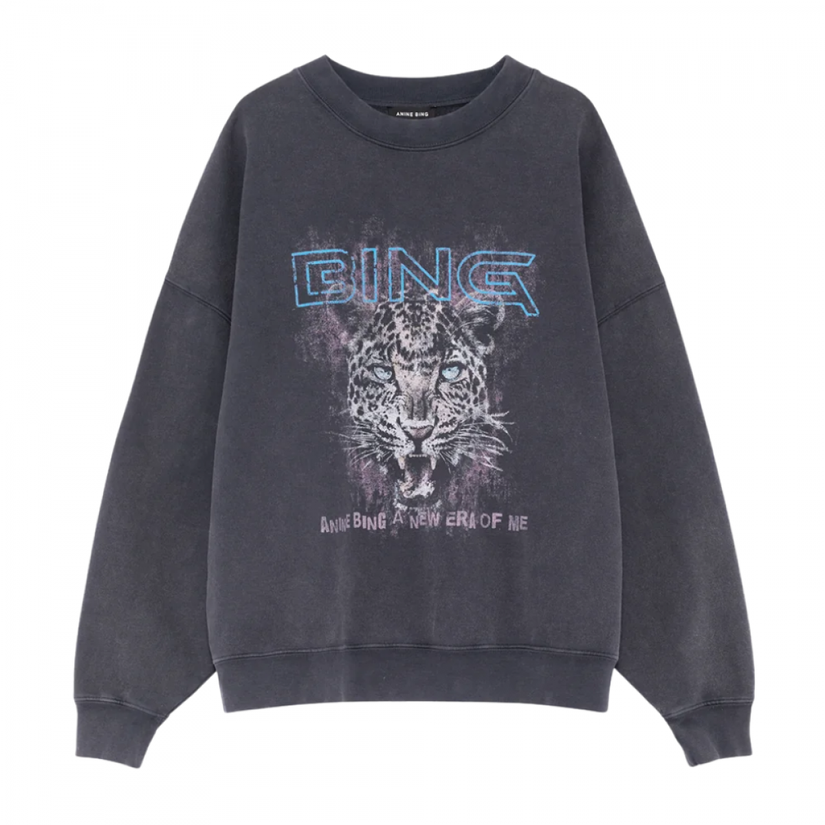 anine bing miles sweatshirt leopard muse - washed black - front