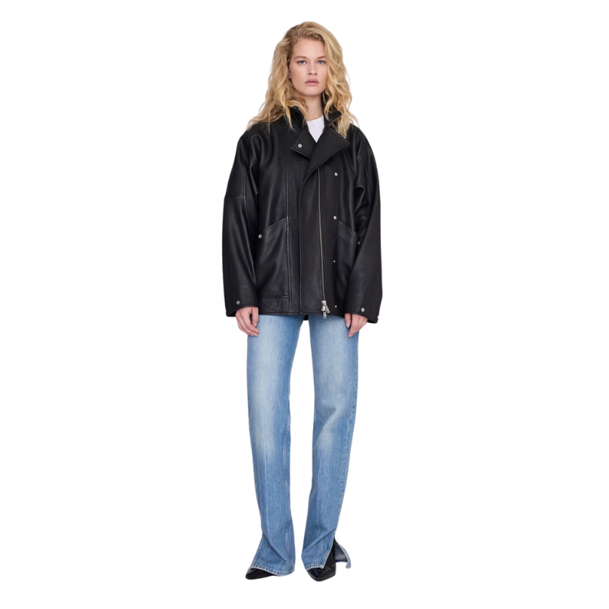 anine bing sandy jacket leather - black - model front