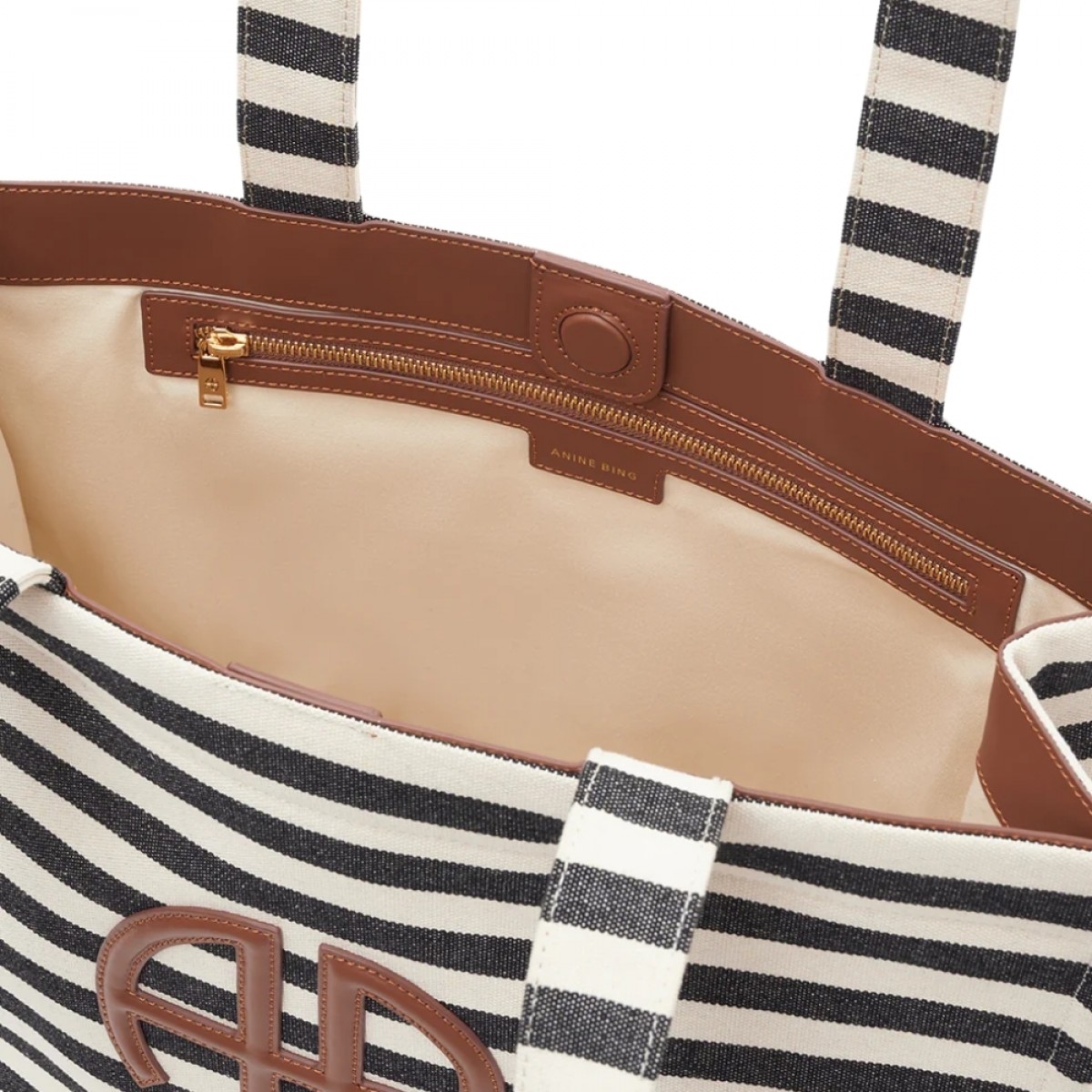 anine bing lara tote - black and natural stripe - detalje
