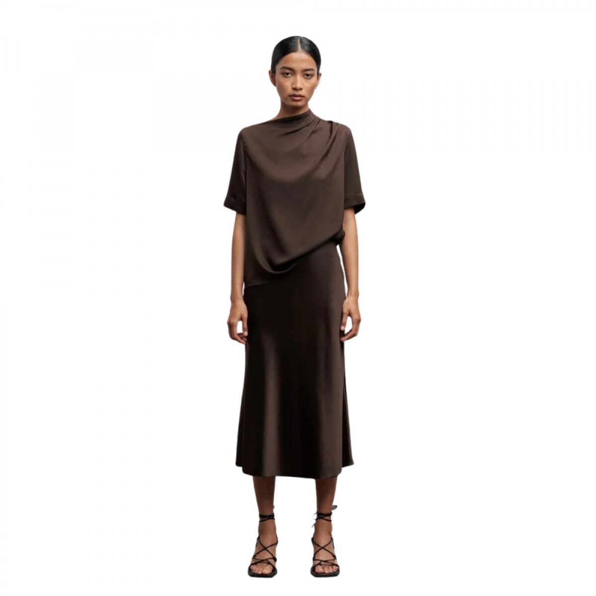 hana satin silk skirt - dark brown - look 2