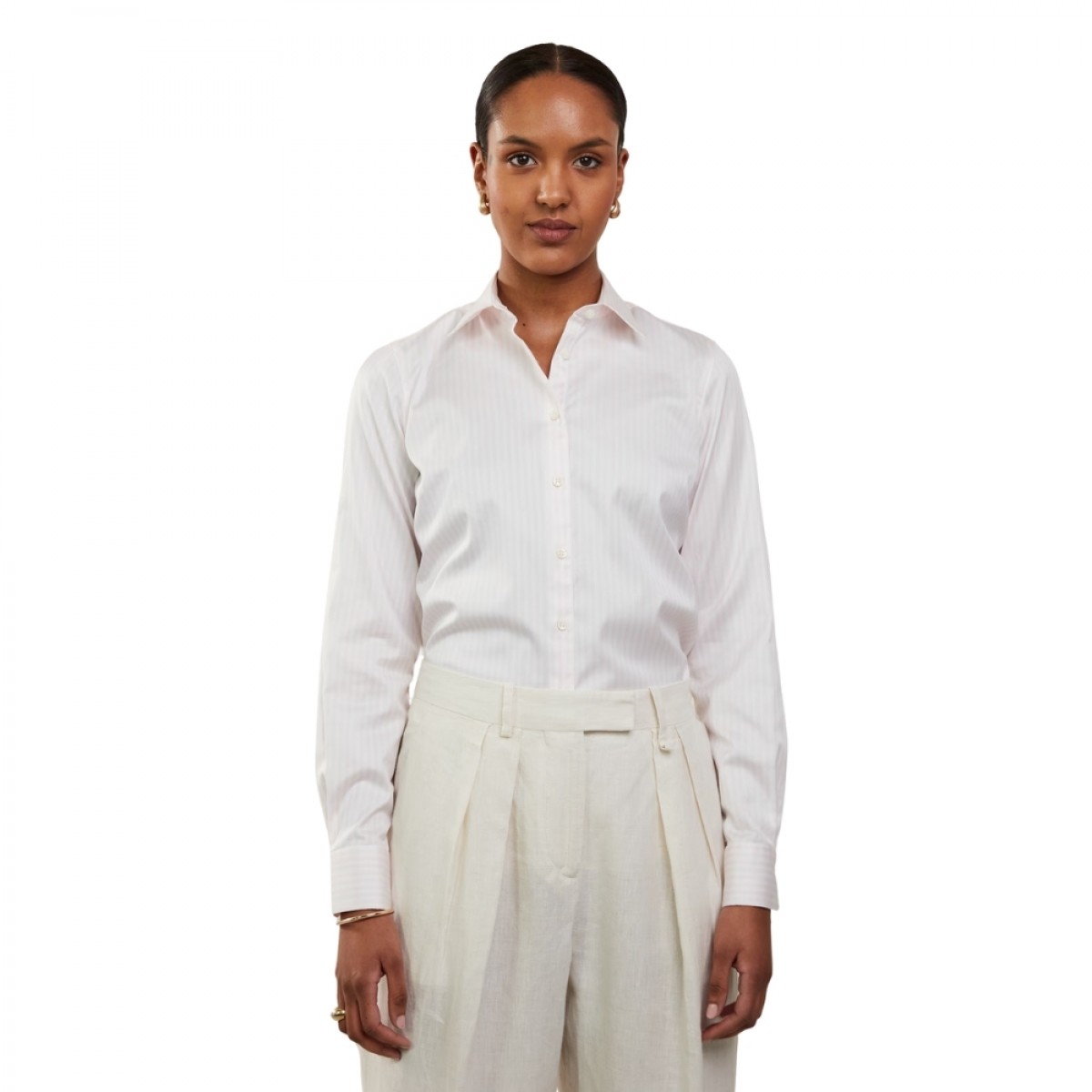 siri shirt - light pink strip - model front