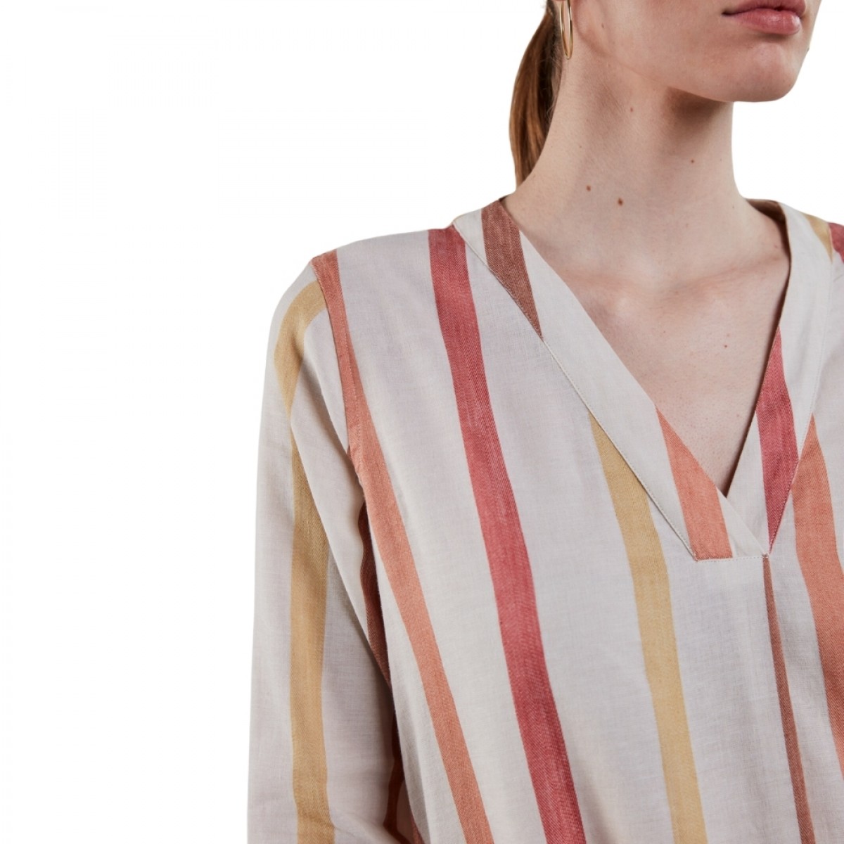 julia dress - light brown stripe - model hals