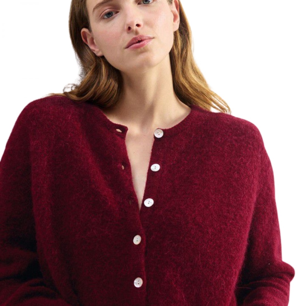 women's cardigan vitow - cherry tree melange - model front