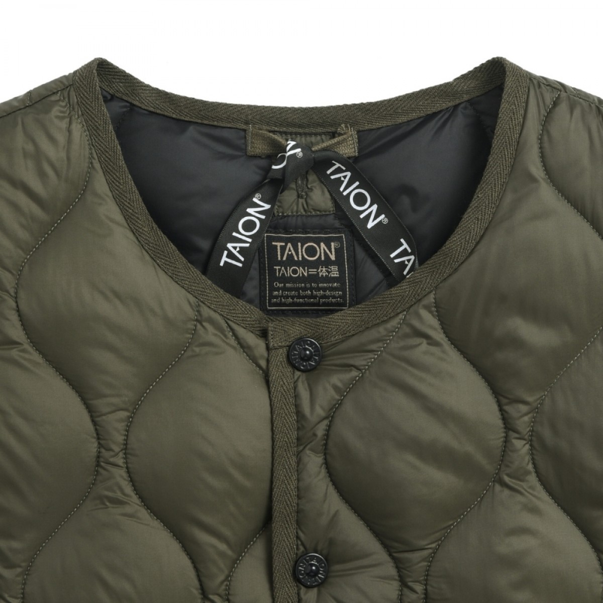 taion unisex military crew neck down jacket - dark olive - hals