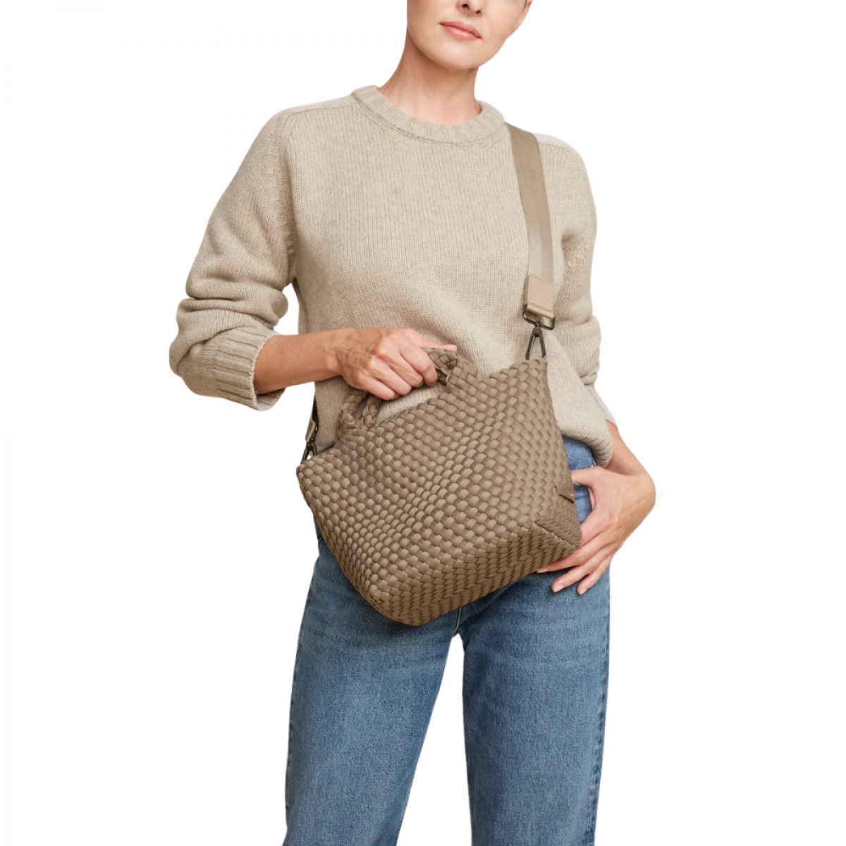 st barths small tote - cashmere - model front