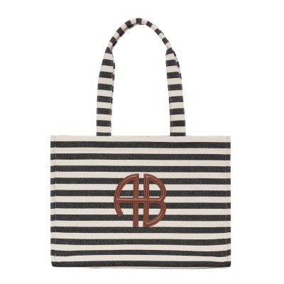 anine bing lara tote - black and natural stripe
