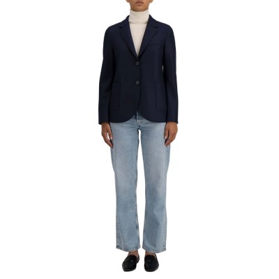 women stand up collar blazer light pressed wool - navy blue
